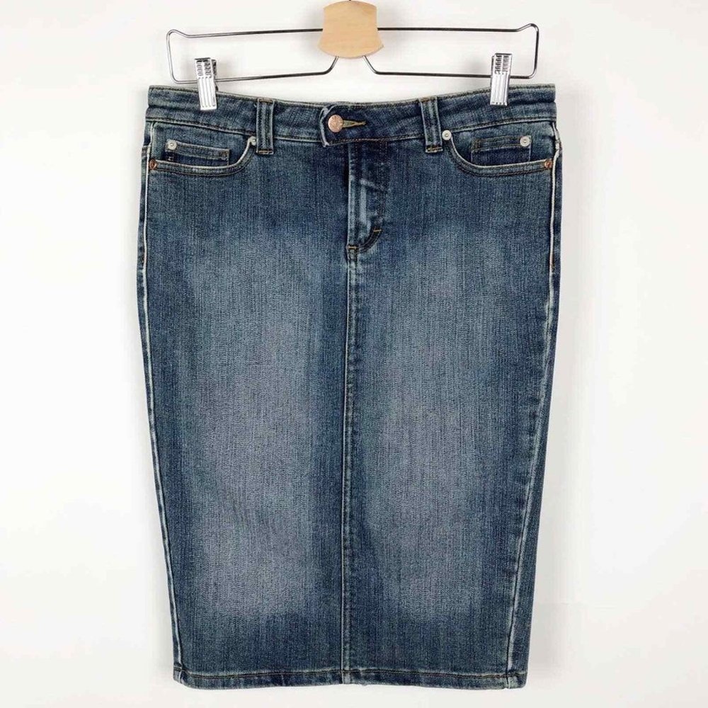 Refuge Womens Pencil Skirt Size 5 Blue Denim Knee Pockets Open Back Cotton Blend